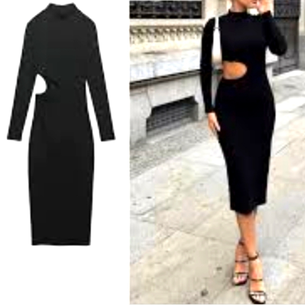 Zara Black Mock Neck Bodycon Dress..SIZE:S